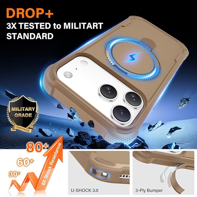 Designed for iPhone 17 Pro Case with Magnetic Stand [Military Drop Protection][Compatible with Magnet] Shockproof 17 Pro Phone Case with Ring Holder, Khaki