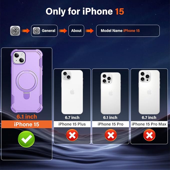 Designed for iPhone 15 Case with Magnetic Stand [Military Drop Protection][Compatible with Magnet] Shockproof 15 Phone Case with Ring Holder, Purple