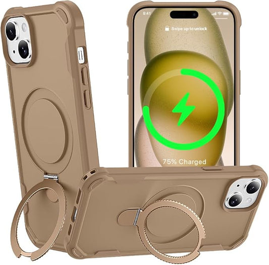 Designed for iPhone 15 Plus Case with Magnetic Stand [Military Drop Protection][Compatible with Magnet] Shockproof 15 Plus Phone Case with Ring Holder, Khaki