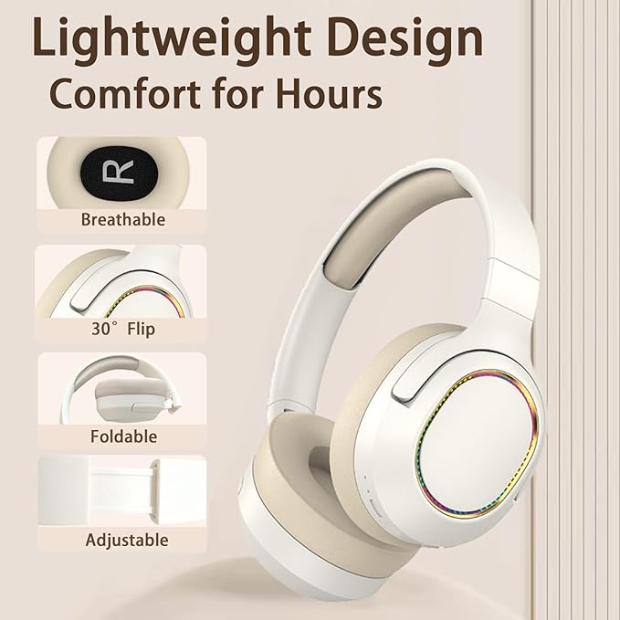 Bluetooth Headphones with LED Lights, Foldable Wireless Over-Ear Headphones with HiFi Stereo Sound Mic, Kids Adult Colorful Music Headset for Game Travel/Home Office/PC/Mobile/Phone (White A)