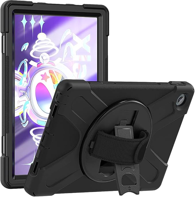 SaharaCase - Protection Hand Strap Series Case for Lenovo Tab M10 Plus (3rd Gen) [Shockproof Bumper] Rugged Full Screen Protection Integrated Kickstand Antislip Cover - Black