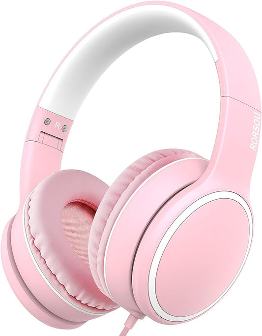 RORSOU R10 Over-Ear Headphones with Microphone, Lightweight Folding Stereo Bass Headset with 1.5M No-Tangle Cord, Portable Wired Headphones for Smartphone Tablet Computer MP3 / 4 (Pink)