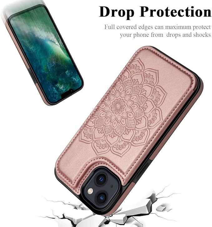 MMHUO for iPhone 14 Case with Card Holder, Flower Magnetic Back Flip Case for iPhone 14 Wallet Case for Women, Protective Case Phone Case for iPhone 14,Rose Gold