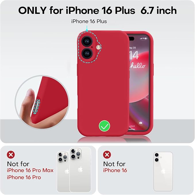 Vooii Compatible with iPhone 16 Plus Case, Liquid Silicone Upgrade [Camera Protection] [Soft Anti-Scratch Microfiber Lining] Shockproof Phone Case for iPhone 16 Plus 6.7 inch - Red