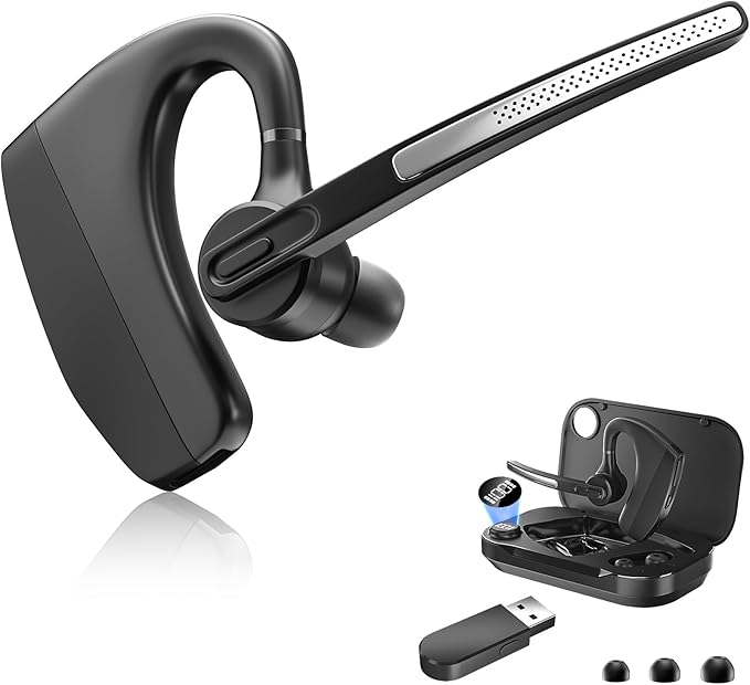 Bluetooth Headset Wireless Earpiece with 450mAh Charging Case USB Dongle Noise Canceling Mic for PC Computer, Laptop, Cell Phones, Remote Work, Call Center, Trucker Work, Business