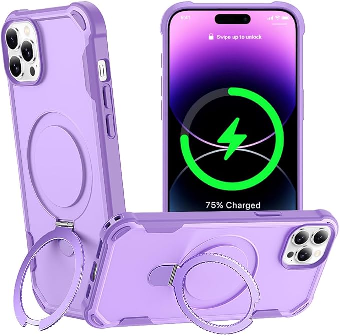 Designed for iPhone 14 Pro Max Case with Magnetic Stand [Military Drop Protection][Compatible with Magnet] Shockproof 14 Pro Max Phone Case with Ring Holder, Purple