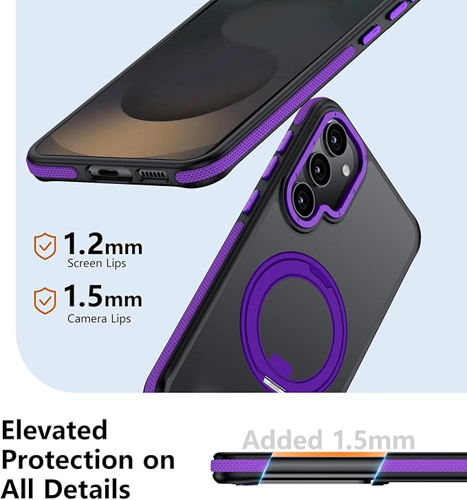 360°Spin Magnetic Stand for Samsung Galaxy S25 Case, [Compatible with Magsafe] Military Grade Drop Protection, Matte Hard Slim S25 Phone Case with Kickstand & Ring Holder (Purple)