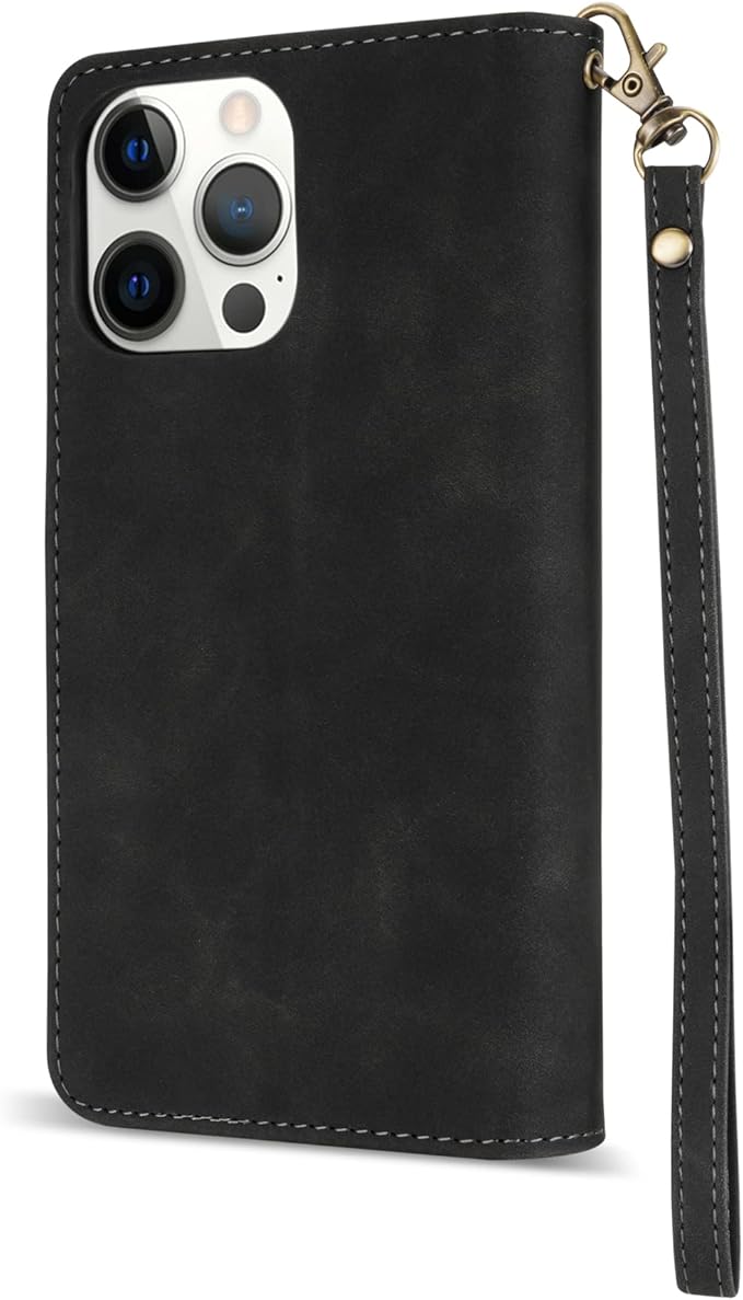 ZZXX for iPhone 14 Pro Max Case Wallet with [RFID Blocking] Card Slot Soft PU Leather Zipper Flip Folio with Wrist Strap Kickstand Protective Cover for iPhone 14 Pro Max Wallet Case(Black-6.7 inch)