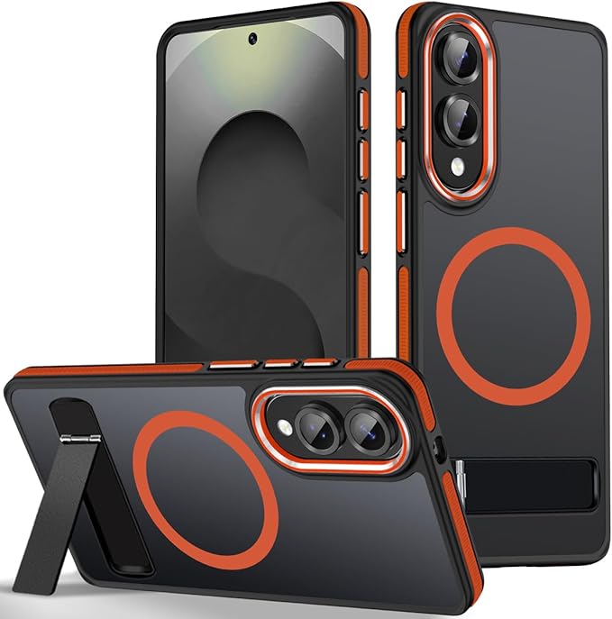 Case for Samsung Galaxy S25 Edge with Adjustable Stand, Slim Phone Case Fits for Magsafe, Color Hybrid Shockproof Protective Cover for Galaxy S25 Edge, Enhanced Non-Slip Grip (Black/Orange)
