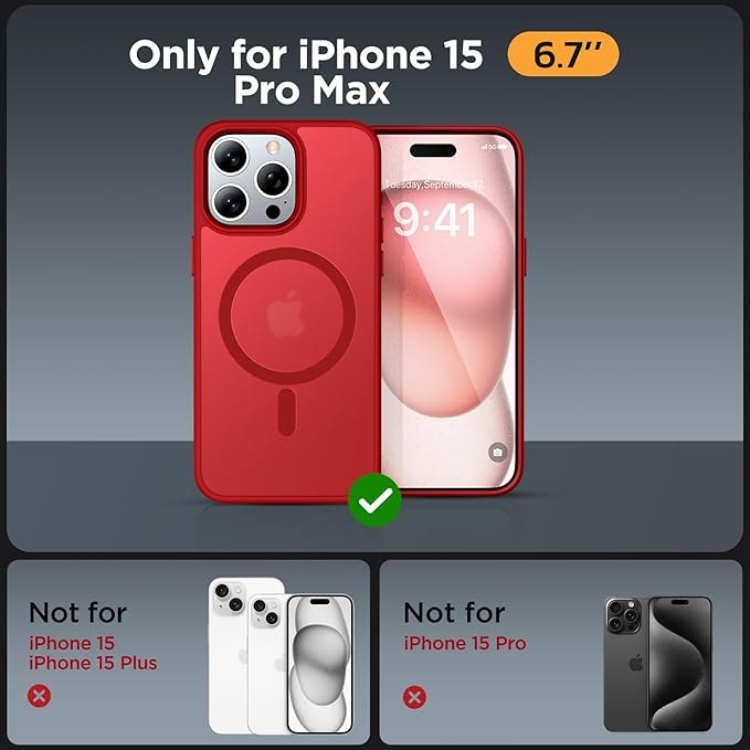 Miracase Magnetic for iPhone 15 Pro Max Case 6.7 inch (Compatible with MagSafe)（with 2X Screen Protectors）Military-Grade Protection, Anti-Fingerprint Translucent Matte Phone Cover, Red