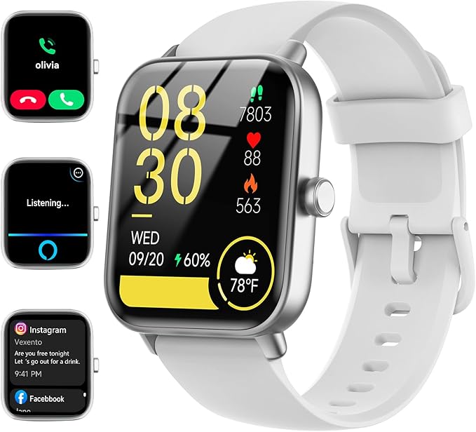 Smart Watches for Women Android & iPhone, Alexa Built-in, 1.85" Fitness Tracker with Answer/Make Calls, IP68 Waterproof Fitness Watch,Heart Rate, Sleep, SpO2 Monitor,Pedometer, White