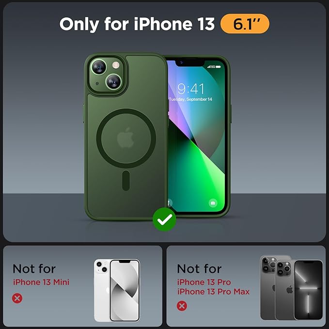 Miracase Magnetic for iPhone 13 Case 6.1 inch (Compatible with MagSafe)（with 2X Screen Protectors） Military-Grade Protection, Anti-Fingerprint Translucent Matte Phone Case Cover, Dark Green