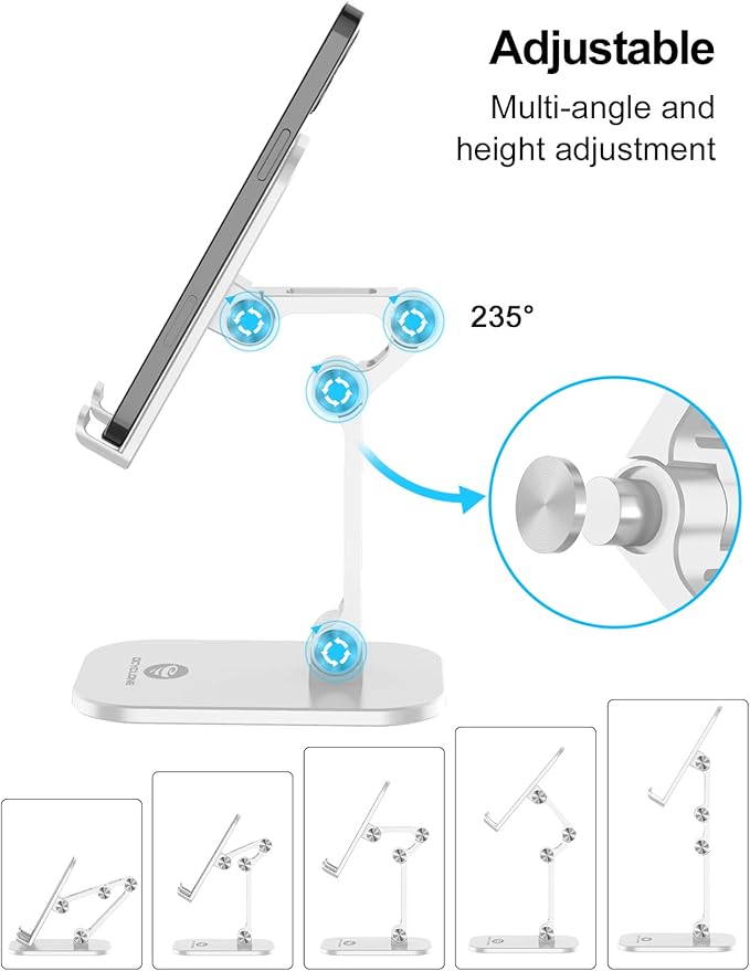 OCYCLONE Phone Stand, Adjustable Height and Angle Foldable Cell Phone Stand Holder for Desk, Taller iPhone Stand Compatible with 4.7"-13" Smartphones iPad Tablet, White