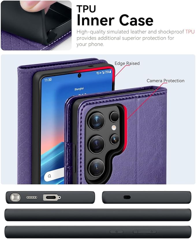 OCASE Compatible with Galaxy S25 Ultra Wallet Case, PU Leather Flip Folio Case with Card Holders RFID Blocking Kickstand [Shockproof TPU Inner Shell] Protective Phone Cover 2025, Purple