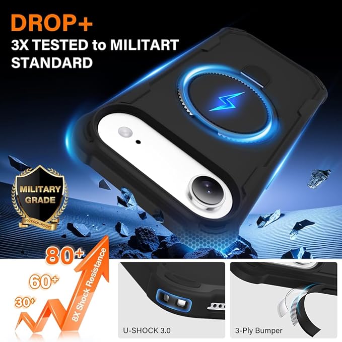 Designed for iPhone 17 Air Case with Magnetic Stand [Military Drop Protection][Compatible with Magnet] Shockproof 17 Air Phone Case with Ring Holder, Black