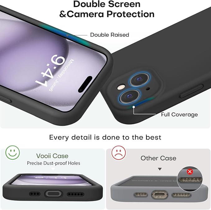 Vooii Compatible with iPhone 15 Case, Upgrade Defender Liquid Silicone, [Enhanced Camera Protection] [Soft Anti-Scratch Microfiber Lining] Shockproof Phone Case for iPhone 15 6.1 inch - Black
