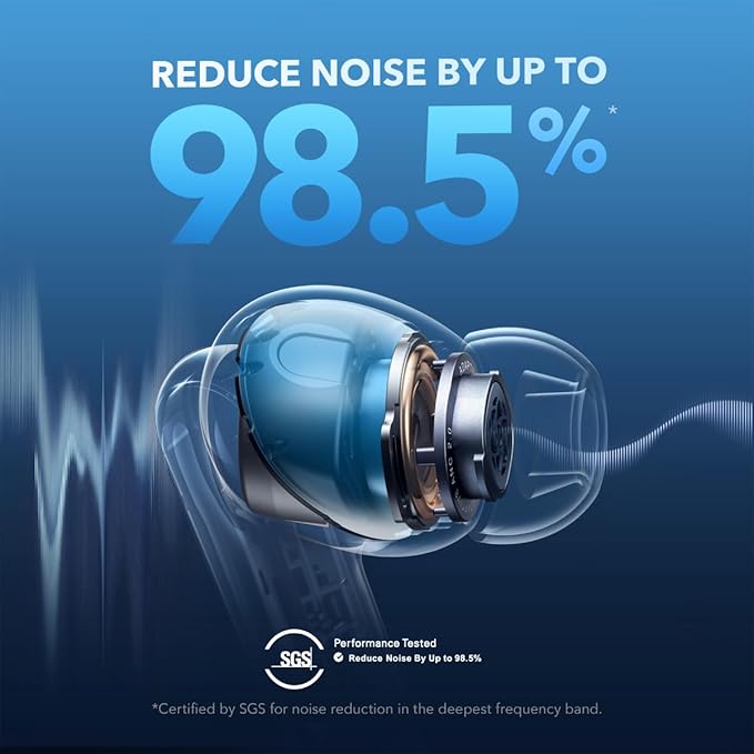soundcore by Anker Liberty 4 NC Wireless Noise Cancelling Earbuds, 98.5% Noise Reduction, Adaptive Noise Cancelling to Ears and Environment, Hi-Res Sound, 50H Battery, Wireless Charging, Bluetooth 5.3