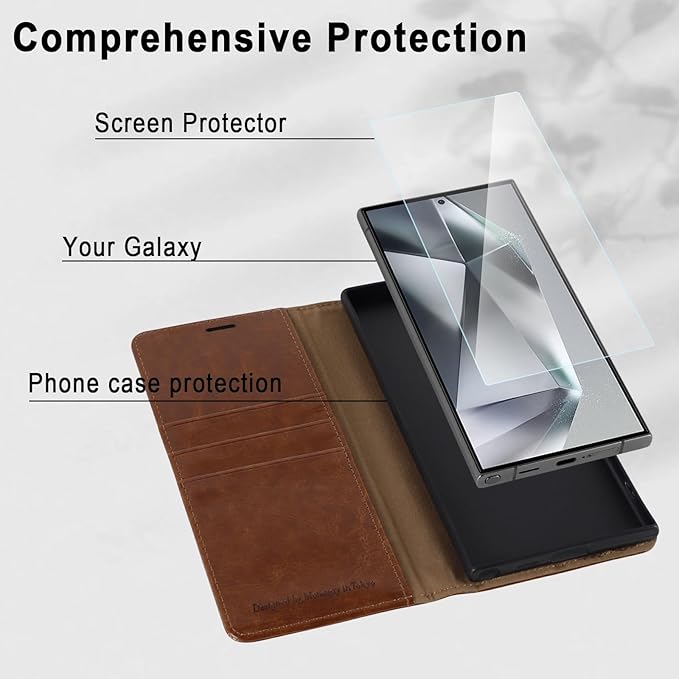 MONASAY Wallet Case Fit for Samsung Galaxy S24 Ultra 5G，[Lens & Glass Screen Protector] [RFID Blocking] Flip Folio Leather Cell Phone Cover with Credit Card Holder, 6.8 inch, Brown