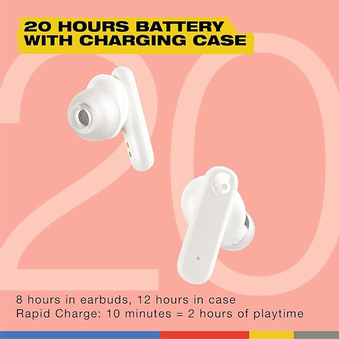 Skullcandy Smokin’ Buds Wireless Earbuds, Bluetooth Headphones, Noise Isolating Fit, Up to 20 Hours Battery, IPX4 Sweat and Water Resistant, Microphone for iPhone Android - Bone