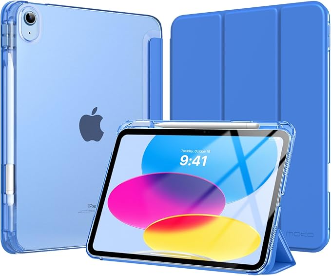 MoKo for iPad (A16) 11th Generation Case 11 Inch 2025, iPad 10th Generation Case 10.9 Inch 2022 with Pencil Holder, Slim Light Trifold Protective Cover with Hard PC Translucent Back Shell, Cobalt Blue