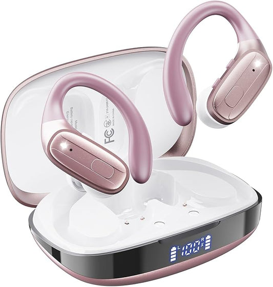 Wireless Earbuds, Sports Bluetooth 5.4 Headphones, Ear Buds with ENC Noise Canceling Mic, 80Hr Playtime Earphones, Palm-Sized, LED Power Display, IPX7 Waterproof Headset for Workout Running, Rosegold