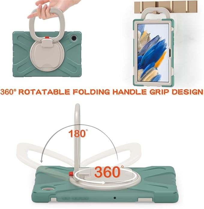 360 Rotation Case for Samsung Galaxy Tab A8 10.5" Sturdy Cover Rotate Ring Stand Shoulder Carrying Strap Hand Strap Rugged Children Adults Outdoor Case, DarkGreen