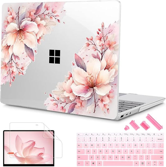 Tuiklol Case for 12.4 Inch Microsoft Surface Laptop Go 3/2 / 1 2023-2020 Releases, Plastic Hard Shell Case with Screen Protector and Keyborad Cover +Dust Plugs Model 2013/1943,Pink Big Flower