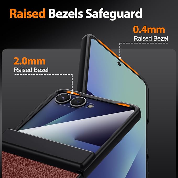 Leather Case for Samsung Galaxy Z Flip 7 | TPU Shockproof | Soft Nappa Leather | Magnetic Hinge Protection | Glass Screen Protector | Sleek Slim Fit | Wireless Charging | Hard Phone Cover | Brown