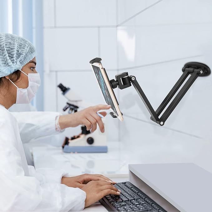 Tablet Wall Mount with Adjustable Long Arm Hinge 360° Swivel Bracket for 4.7 to 12.9 inch Tablet or Phone（Black）