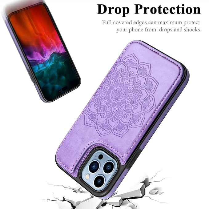 MMHUO for iPhone 14 Pro Max Case with Card Holder,Flower Magnetic Buttons Protective Wallet Case for Women for iPhone 14 Pro Max,Purple