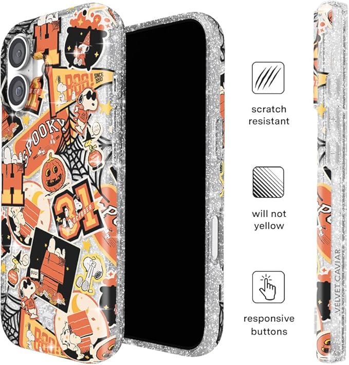 VELVET CAVIAR Case for iPhone 17 | Compatible with MagSafe | 10ft Drop Tested | Protective Designer Cases | Halloween Snoopy Varsity Glitter