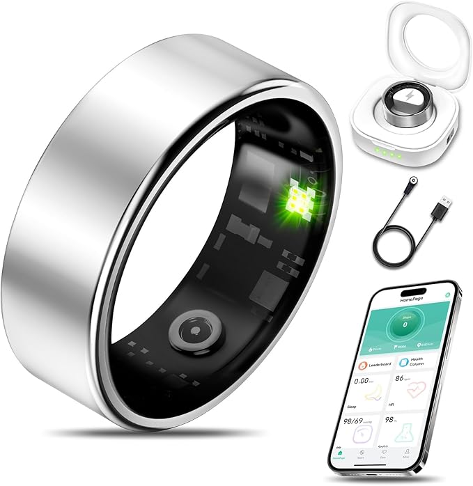 Smart Health Ring for Women Men Fitness Tracker with Heart Rate, Blood Oxygen, Blood Pressure, Sleep Monitoring, Step Counting, IP68 Waterproof for iPhone and Android, No Subscription Fee, (Silver 10)