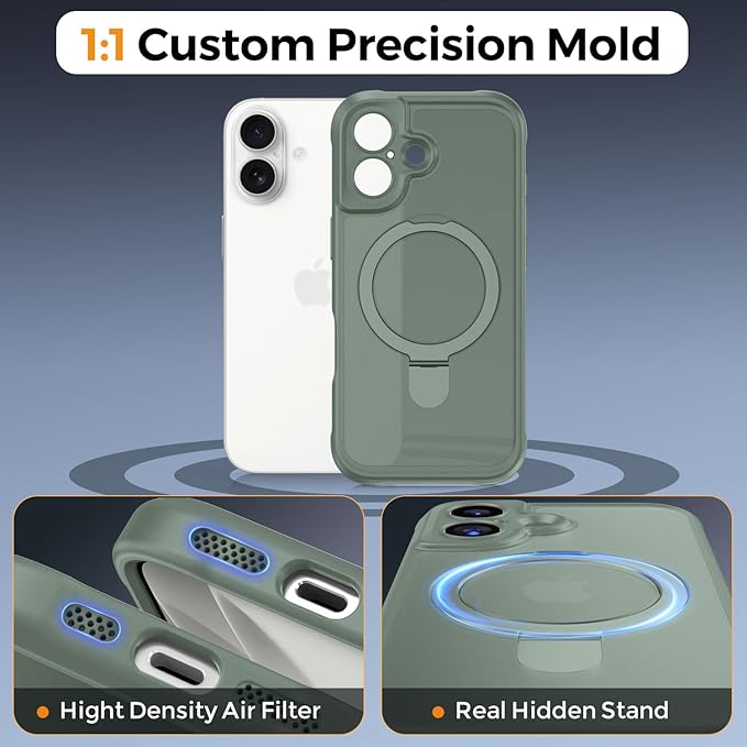 MOCCA Compatible with iPhone 17 Case with Magnetic Invisible Stand [Full Camera Protection] [Compatible with Magsafe] Military Drop Shockproof Translucent Matte Phone Case Cover 6.3",Calke Green