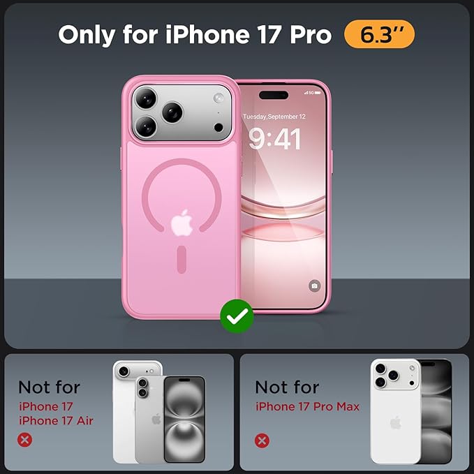 Miracase Magnetic for 17 Pro Case 6.3" with Screen Protector, [Compatible with MagSafe] Military-Grade Protection, Anti-Fingerprint, Slim Thin Phone Case for 17 Pro Cover, Mes Pink
