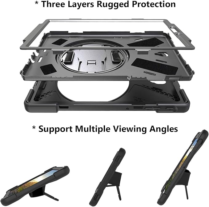 Case for Samsung Galaxy Tab A7 Lite 8.7 2021 (SM-T220/T225/T227),Portable Heavy Duty Dropproof Protective Cover Case with 360 Rotating Stand,Handle & Shoulder Strap,Stylus Pen (New Black)