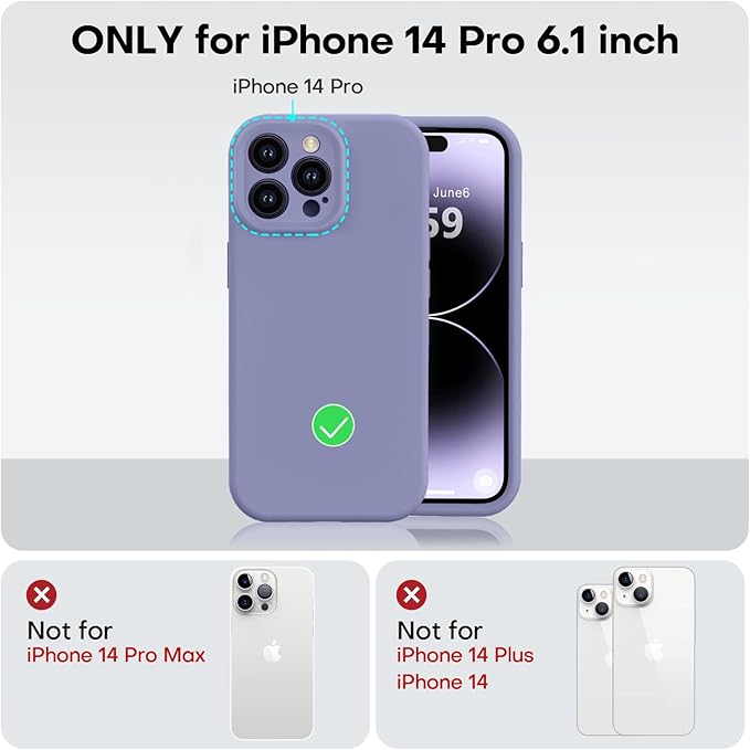 Vooii Compatible with iPhone 14 Pro Case, Liquid Silicone Upgrade [Camera Protection] [Soft Anti-Scratch Microfiber Lining] Shockproof Phone Case for iPhone 14 Pro 6.1 inch - Lavender Grey
