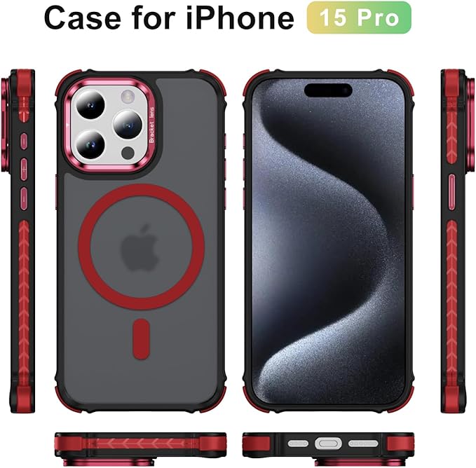 Magnetic for iPhone 15 Pro Case Red with MagSafe Wireless Charging Heavy Duty Military-Grade Shockproof Protection Adjustable Kickstand Slim Matte Anti-Fingerprint Cover Men Women