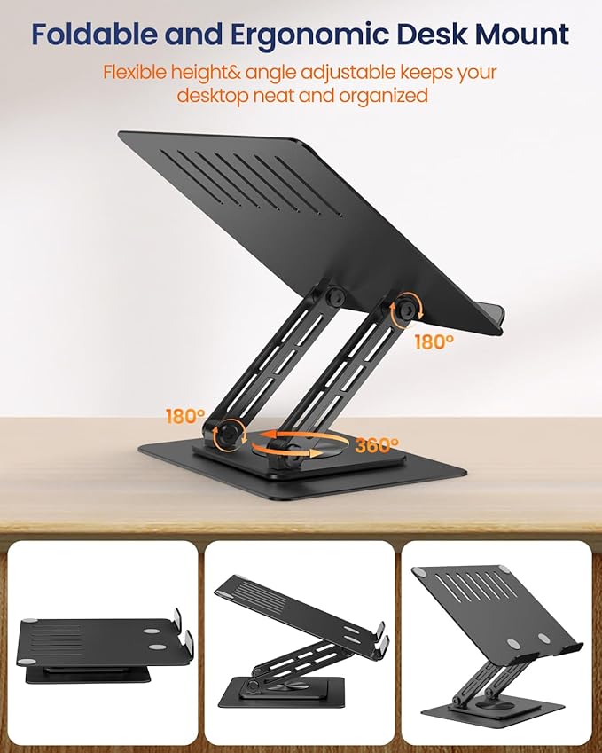 Tablet Stand Holder for Desk with 360° Rotating Base, Dual Rod Adjustable & Foldable Aluminum Stand for Home Office Compatible with 11’’-16’’ Tablets, Black