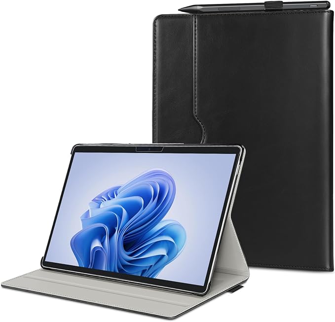 Case for Surface Pro 11/10/9/8, 13 Inch PU Leather Protective Cover with Honeycomb Cooling, Multi-Angle Stand, Stylus Holder, Front Pocket & Hand Strap, Durable Business for Tablet (Black)