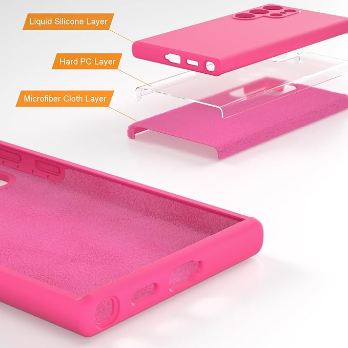 E Segoi Designed for Galaxy S24 Ultra Case, Liquid Silicone Gel Rubber Shockproof Case Soft Microfiber Cloth Lining Cushion Compatible with Galaxy S24 Ultra 5G 6.8 inch (Hot Pink, S24 Ultra - 6.8")