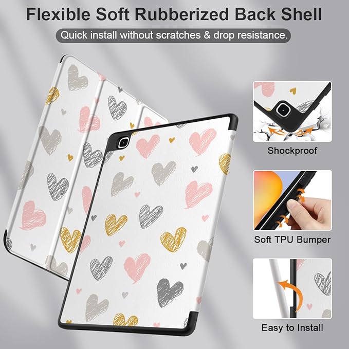 DONGKE Case for Samsung Galaxy Tab S6 Lite 10.4 Inch 2024/2022/2020, Trifold Stand + S Pen Holder + Auto Wake/Sleep + Soft TPU Protective Stand Back Cover, Cute Hearts