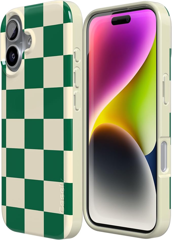 Casely iPhone 17 Case | Fit Check | Green Checkerboard | Compatible with MagSafe | Classic Ultra Slim Design