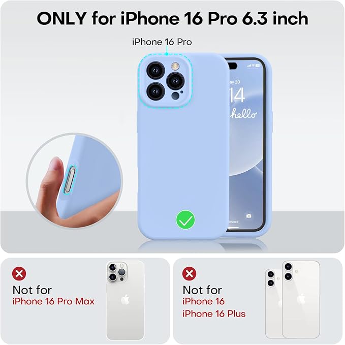 Vooii Compatible with iPhone 16 Pro Case, Liquid Silicone Upgrade [Camera Protection] [Soft Anti-Scratch Microfiber Lining] Shockproof Phone Case for iPhone 16 Pro 6.3 inch - Light Blue