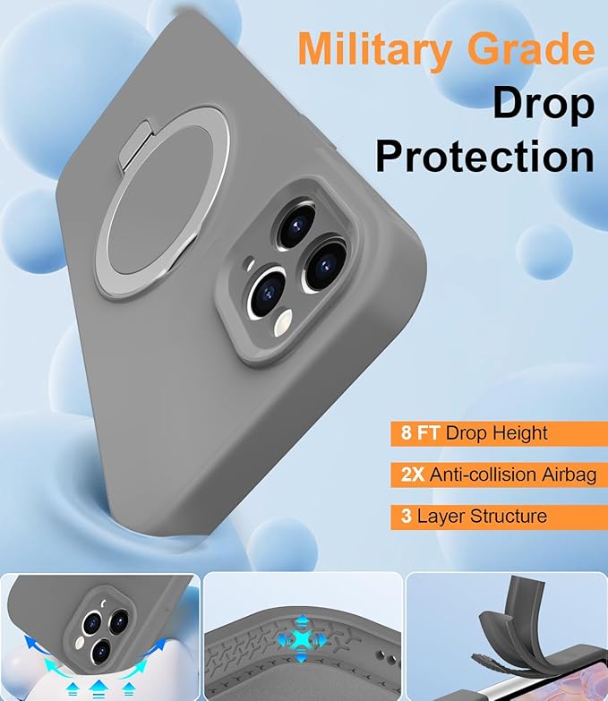 ZHK Liquid Silicone Designed for iPhone 12 pro max Case with Magnet Stand, [Precise Camera Lens Protection][Mil-Grade Drop Shockproof][Soft Anti-Scratch Microfiber Lining] Slim Fit Cover, Grey