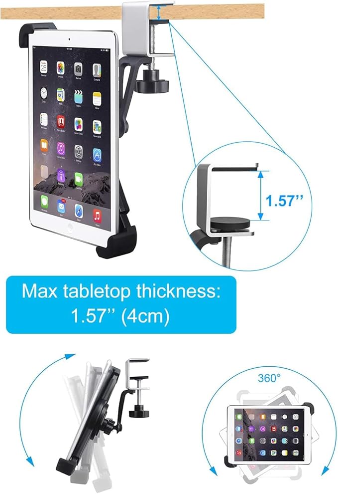 Under Cabinet Tablet Mount for Kitchen [Portable Small Clamp] Kitchen Tablet Holder for Counter Stand, 360° Rotatable Metal Clip, Compatible with 7-11" Tablet Like iPad Pro, Air, Mini, Galaxy, Fire