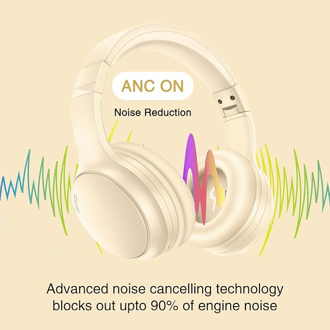 Bluetooth Active Noise Cancelling Headphones with Microphone, A10 Wireless Headset Over Ear, 20H+ Playtime, Bluetooth 5.3, Lightweight Wired Headphones for Tablet/PC - Beige