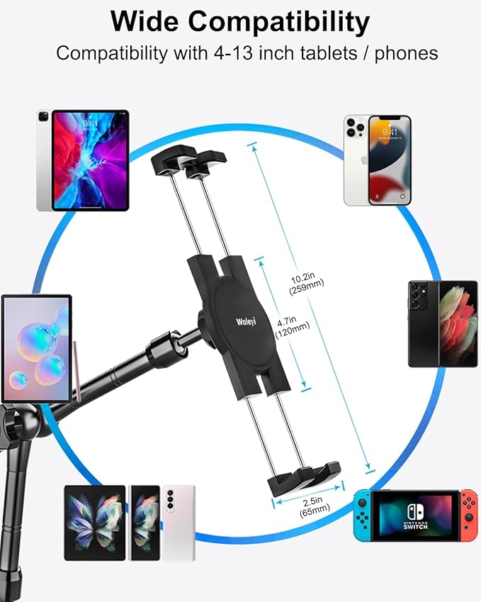 Metal Tablet Wall Mount Holder with 360° Adjustable Foldable Arm, for iPad Pro Air Mini | Galaxy Tab | Kindle Fire | Switch | 4.7-13" Device, for Kitchen Cabinet | Home | Desk | Under Counter | Office