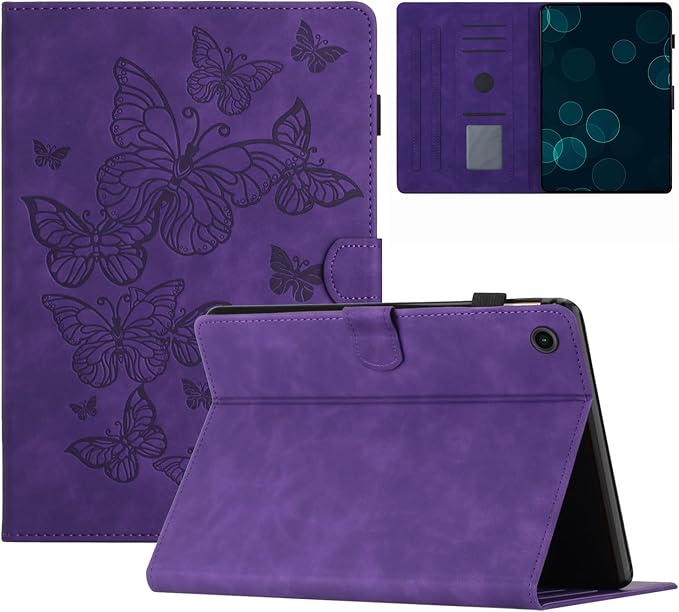KEROM Case for Samsung Galaxy Tab A9+ Plus 11 Inch 2024 2023 (SM-X210/X216/X218), Embossed Suede Leather Folio Stand Cover with Auto Wake/Sleep & Card Slot & Pen Holder - Purple Butterfly Embossing