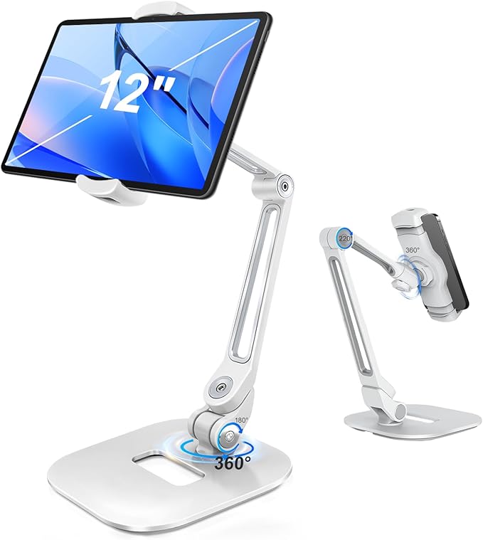 Adjustable Desk Tablet Stand, 360° Swivel iPad Kiosk Stand Fits for 4.7"-12" iPad Air mini Pro, iPhone, Samsung POS, Kindle, Aluminu Alloy Foldable Arm Holder for Store Kitchen Desktop, White