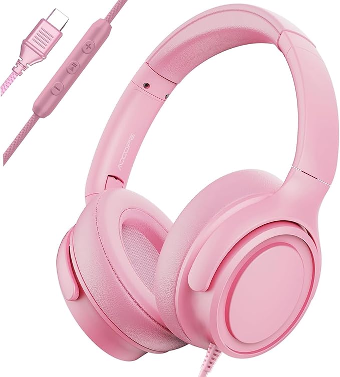 Wired Over-Ear Headphones with USB C Connector, Hi-Fi Stereo Sound, Noise-Isolating Ear Cups, Comfortable Fit for USB C Devices (No Bag, Pink)